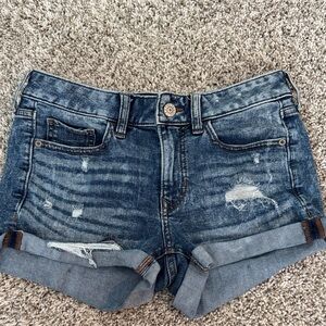 Express Blue Distressed Shortie Jean Shorts